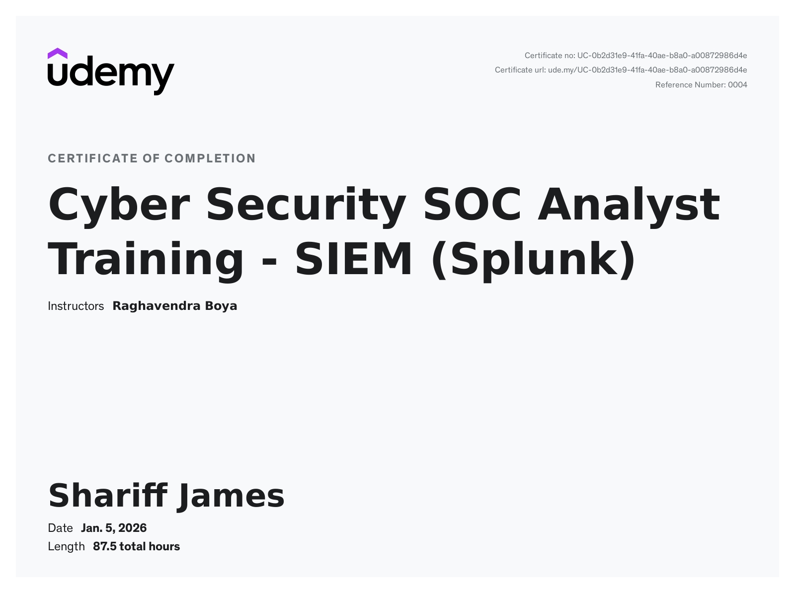 Cyber Security SOC Analyst Training Certificate
