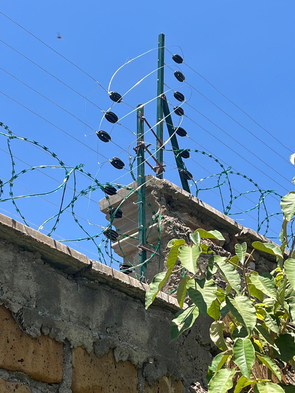 Close-up of electric fence insulators and wiring on perimeter wall