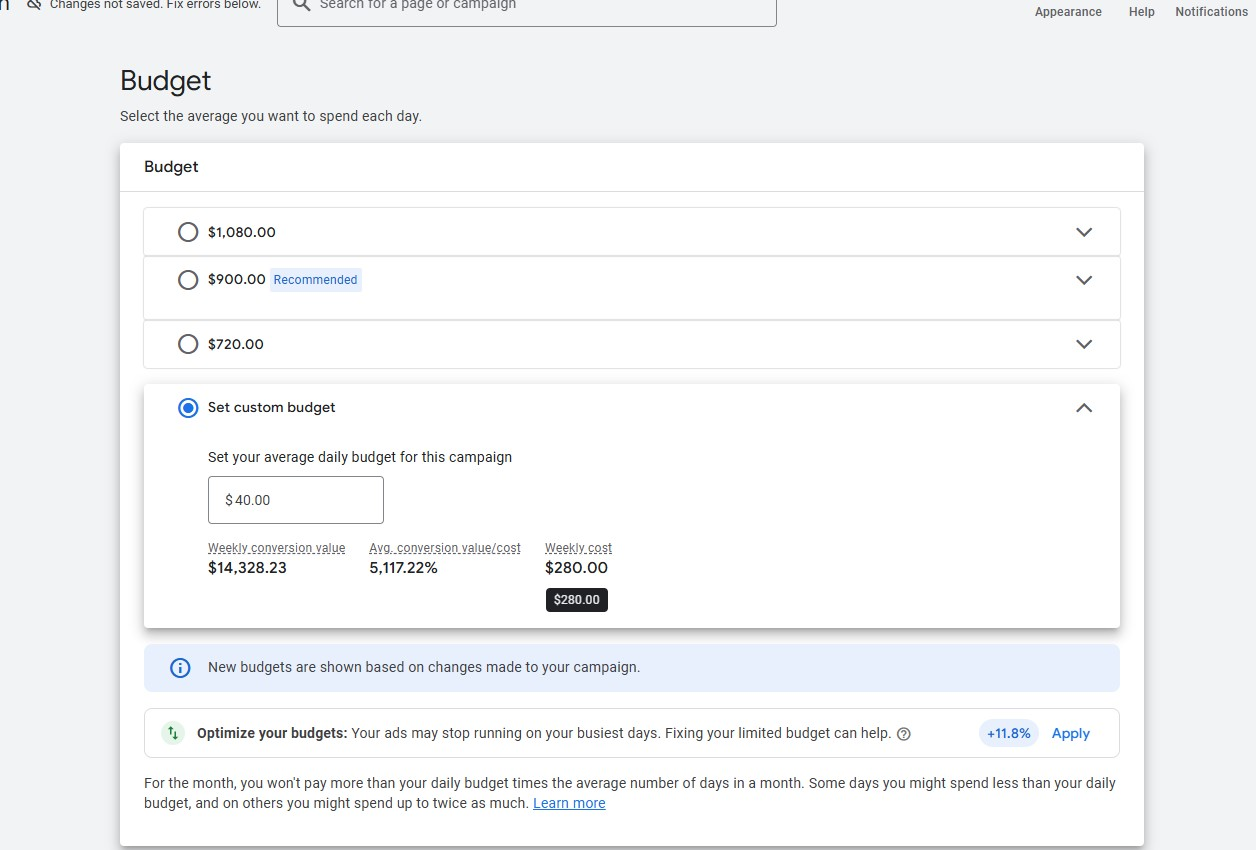 Google Ads campaign budget and conversion value screenshot